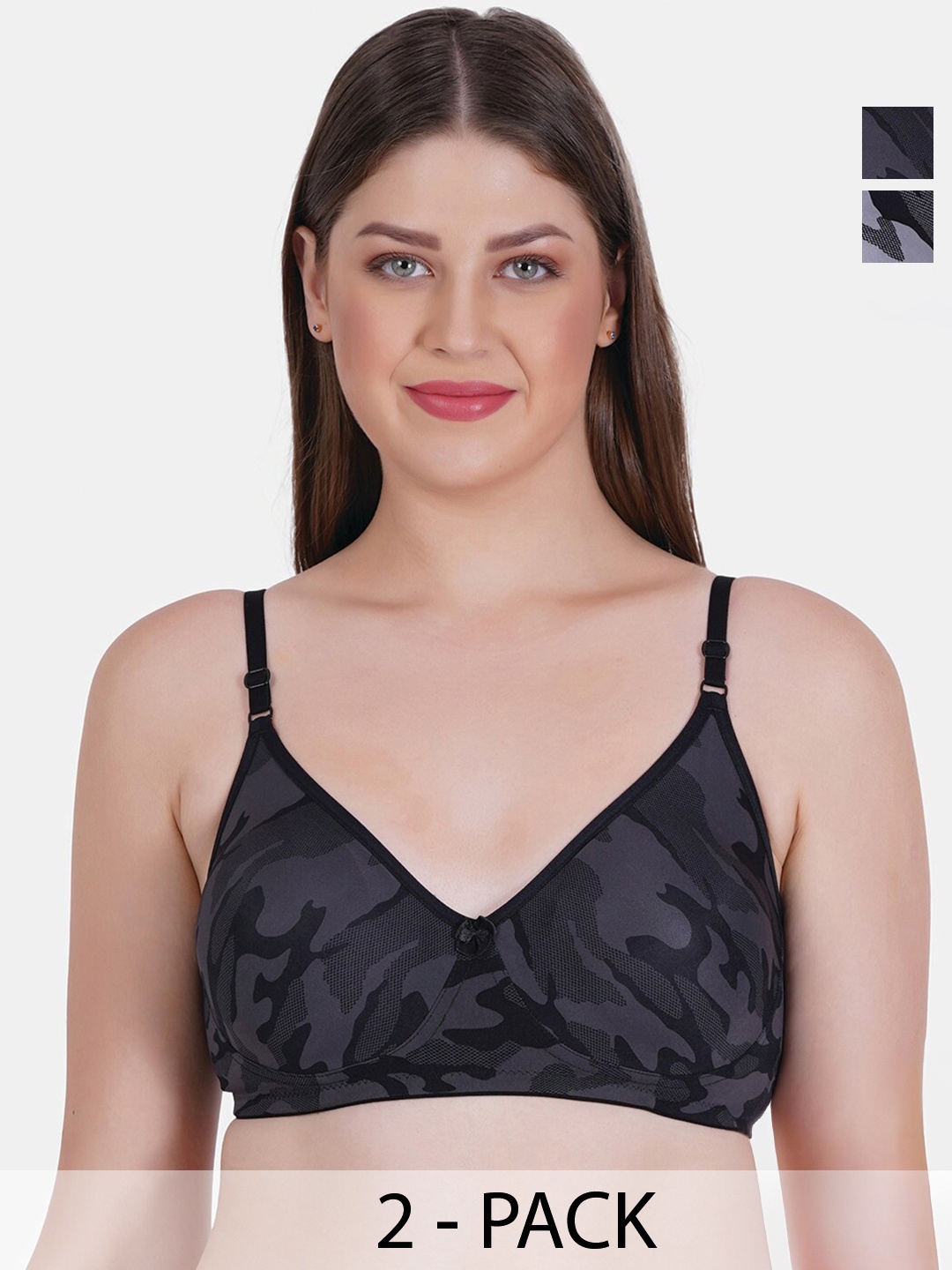 

Reveira Pack Of 2 Camouflage Printed Everyday Bra Dry Fit Full Coverage All Day Comfort, Grey