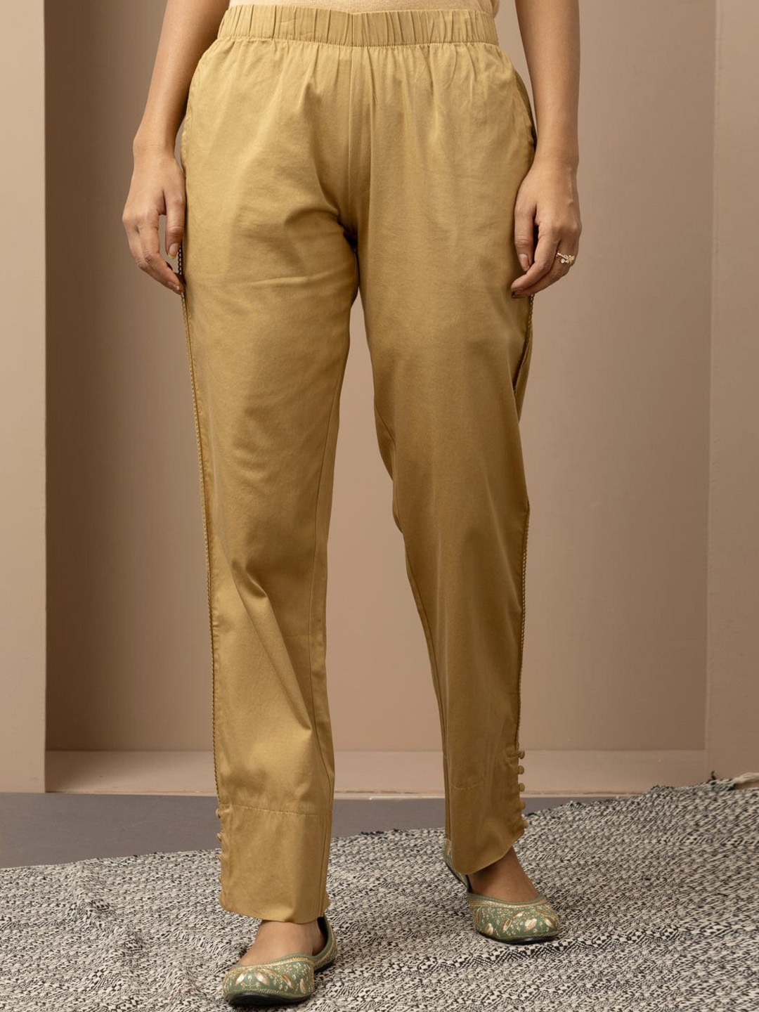 

Lakshita Women Mid Rise Smart Straight Fit Cotton Trousers, Gold