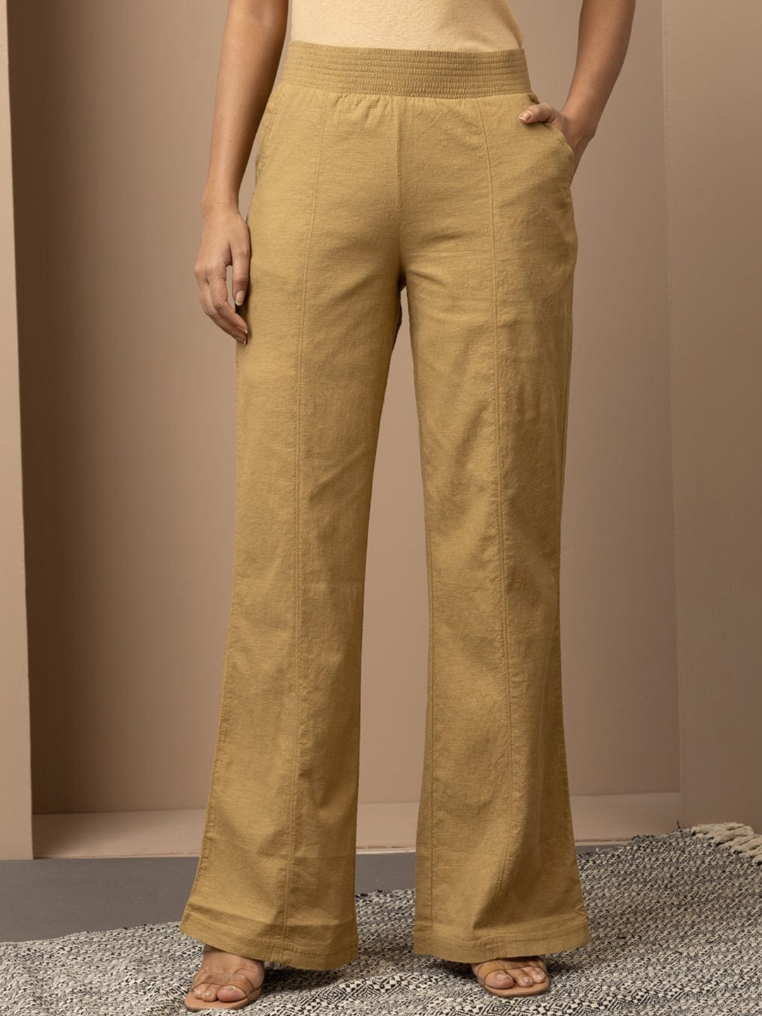 

Lakshita Women Smart Flared Fit Ethnic Parallel Trousers, Gold