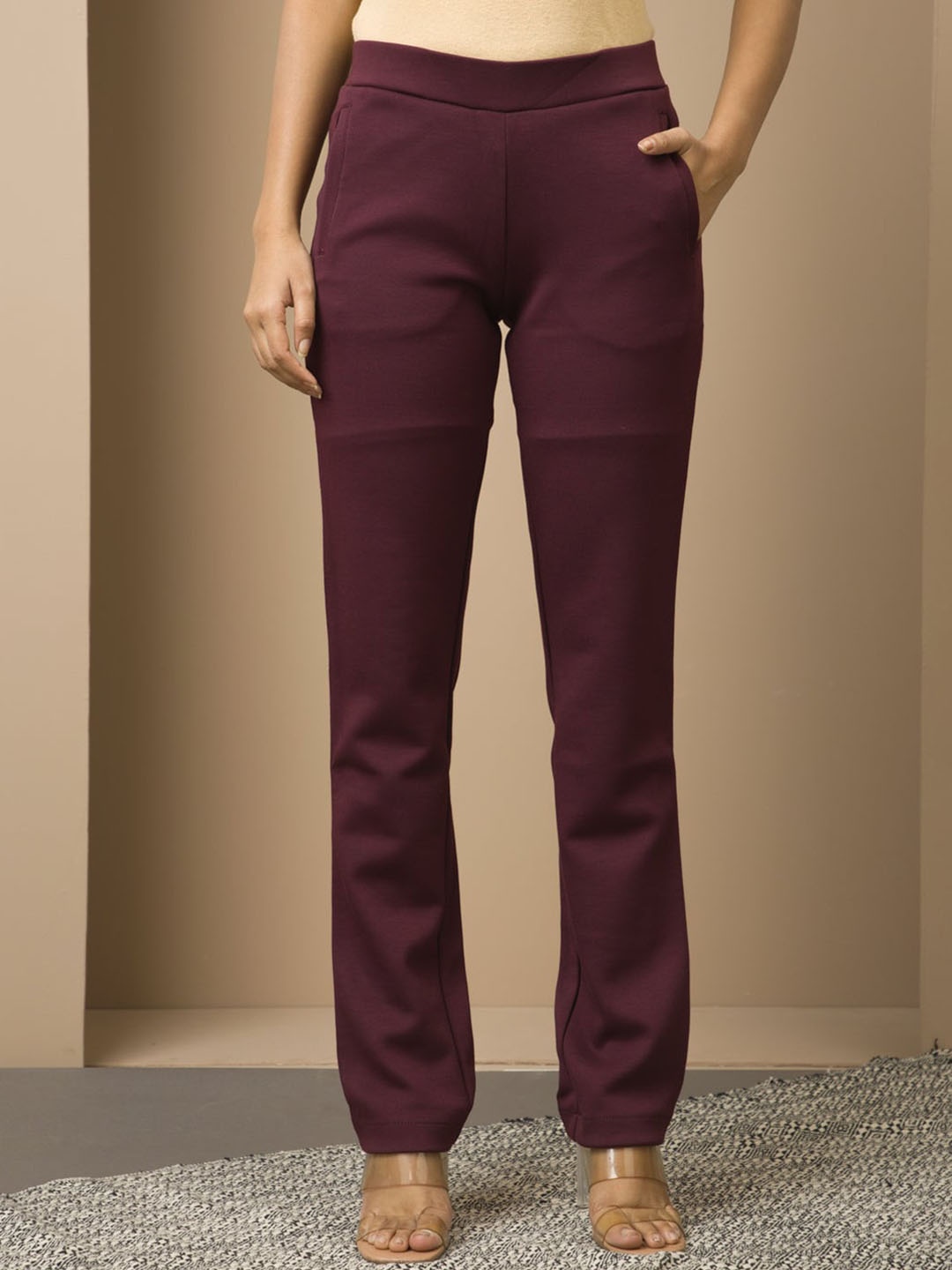 

Lakshita Women Mid Rise Smart Straight Fit Trousers, Maroon