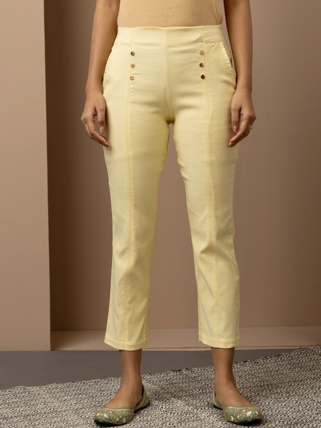 

Lakshita Women Smart Slim Fit Cotton Trousers, Mustard
