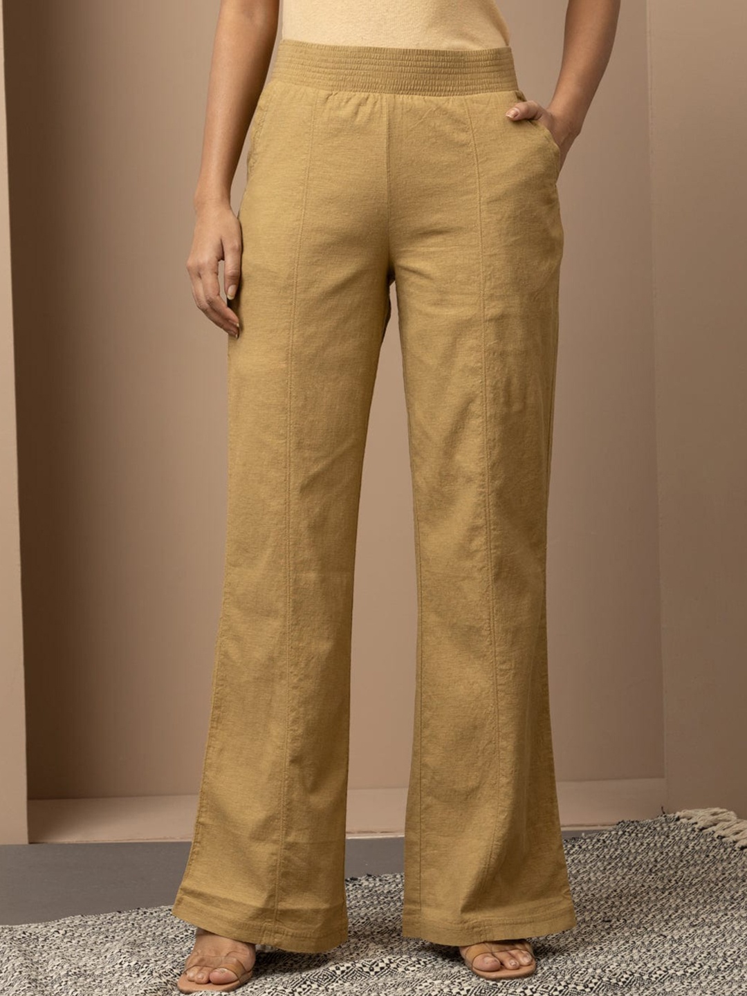 

Lakshita Women Mid Rise Smart Flared Linen Parallel Trousers, Gold