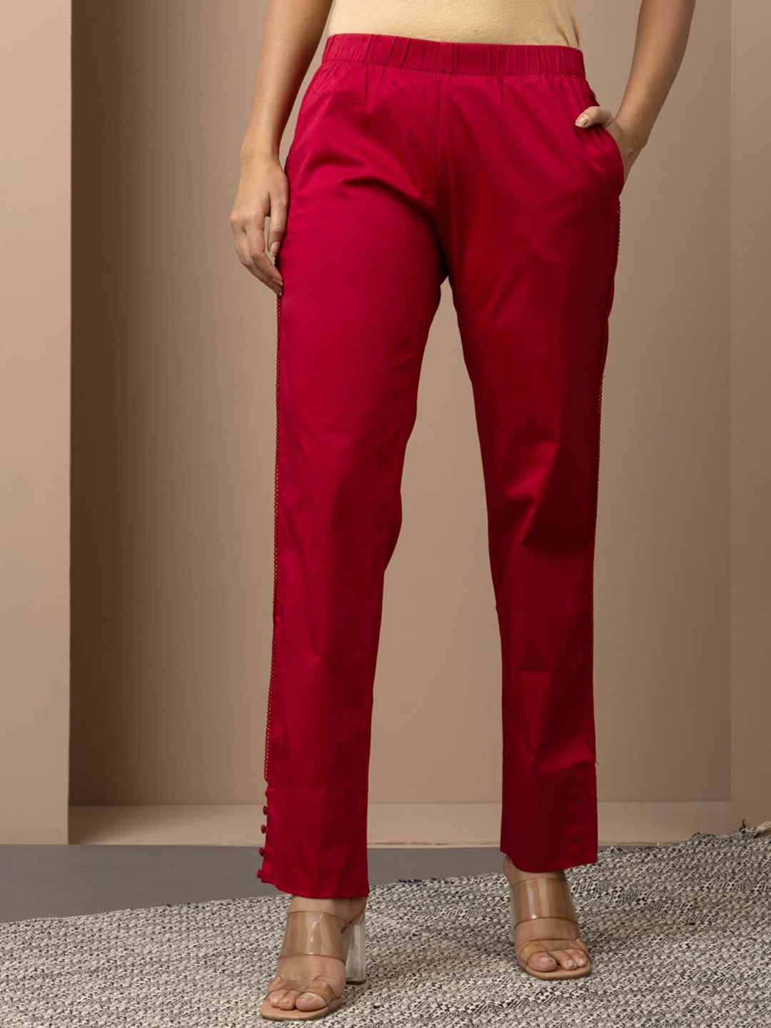 

Lakshita Women Smart Straight Fit Ethnic Trousers, Red