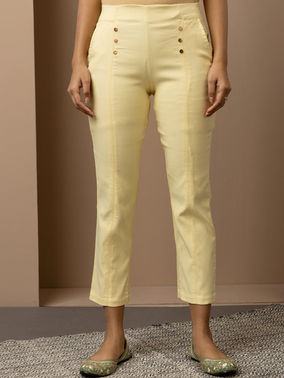 

Lakshita Women Smart Slim Fit Mid-Rise Cigarette Trousers, Mustard