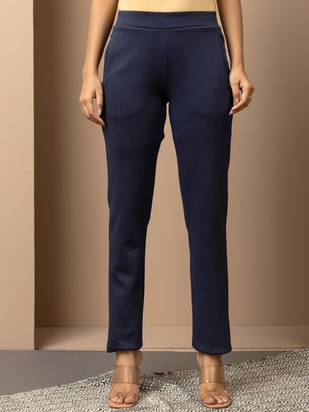 

Lakshita Women Mid Rise Smart Straight Fit Plain Trousers, Navy blue