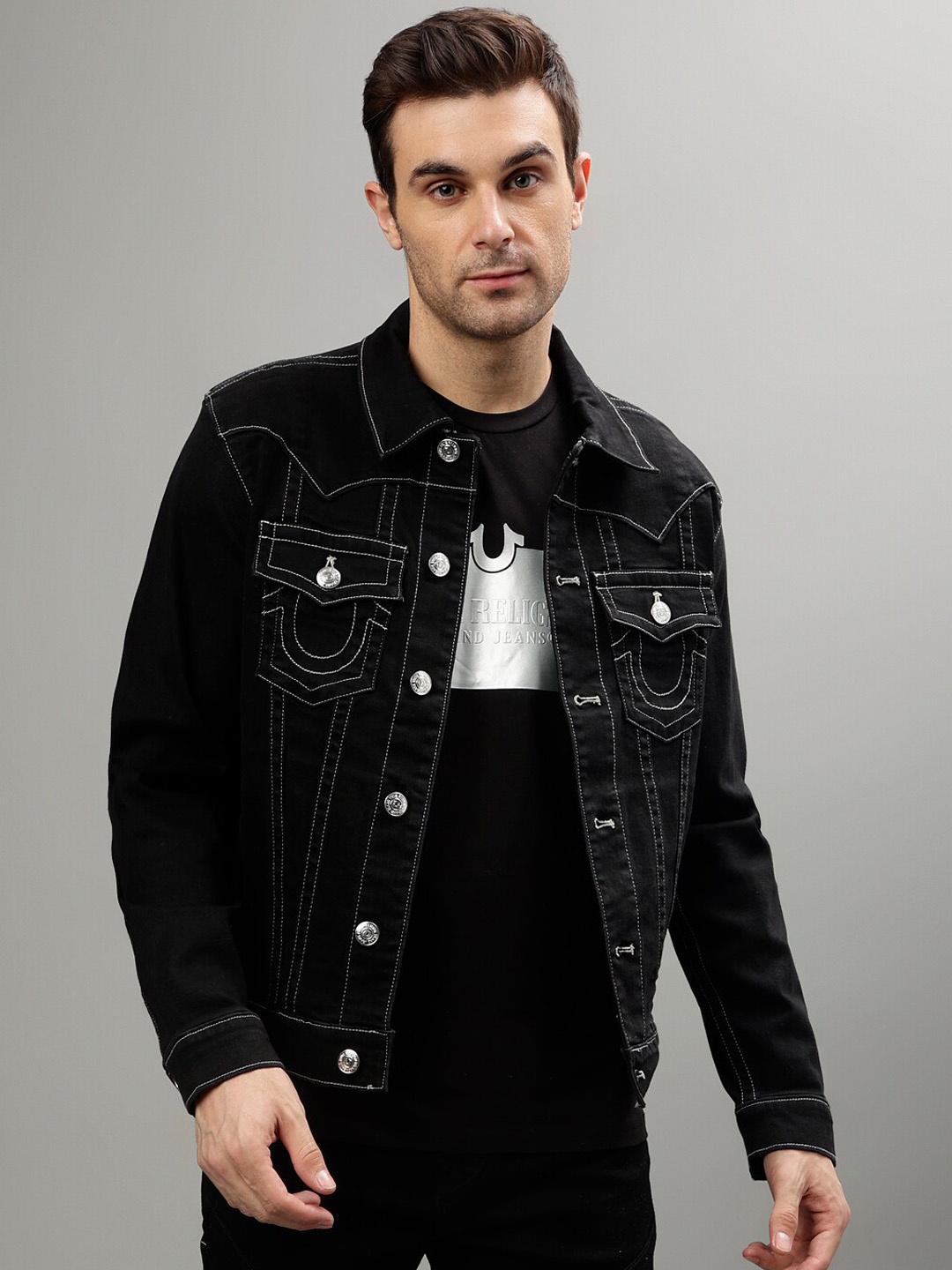 

True Religion Spread Collar Denim Jacket, Black