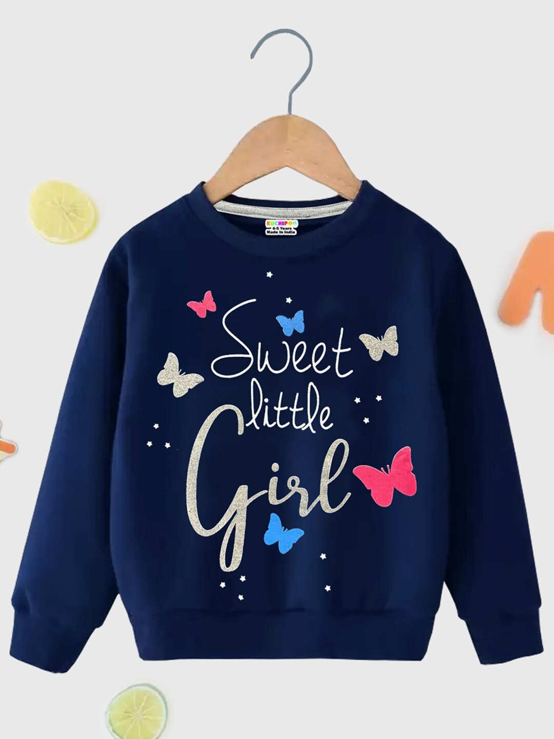 

KUCHIPOO Girls Typography Printed Pullover Fleece Sweatshirt, Navy blue