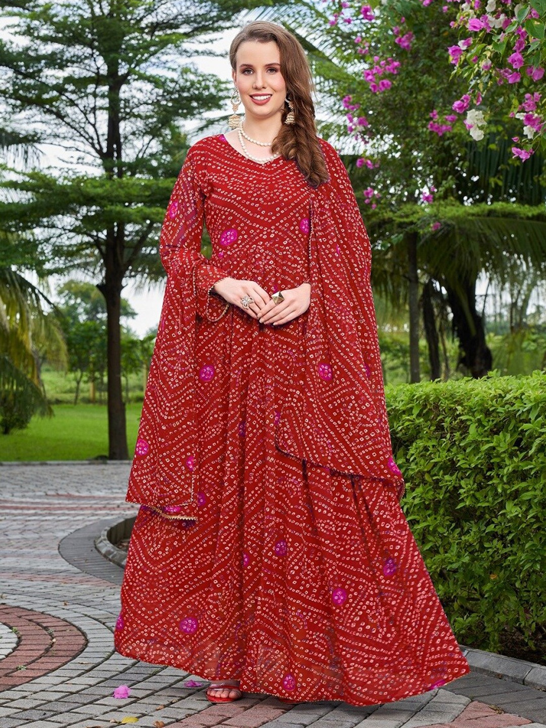 

APNISHA Bandhani Printed V-Neck Maxi Ethnic Dress With Dupatta, Red