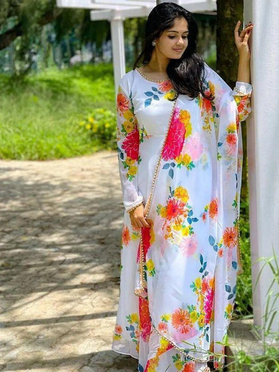 

APNISHA Floral Printed Georgette Maxi Gown Dress With Dupatta, White