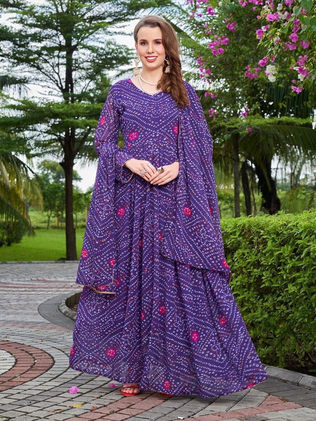 

APNISHA Bandhani Printed Georgette Fit & Flare Ethnic Dress With Dupatta, Purple