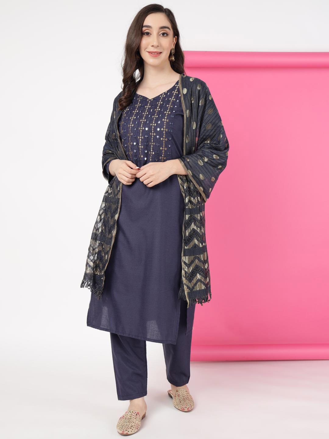 

Ziva Fashion Yoke Design V-Neck Thread Work Kurta With Trousers & Dupatta, Navy blue