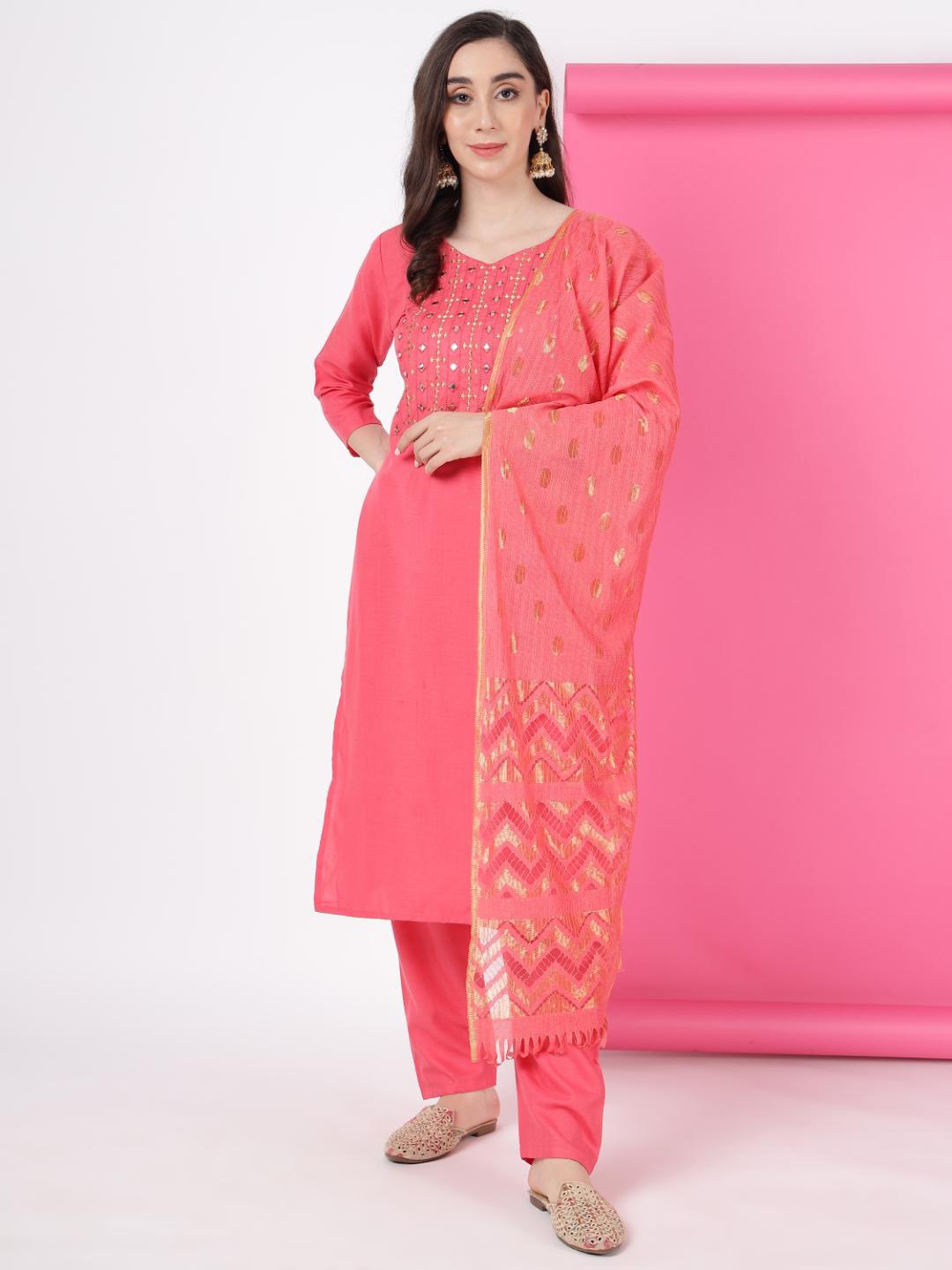 

Ziva Fashion Geometric Yoke Design Mirror Work Straight Kurta & Trousers With Dupatta, Pink