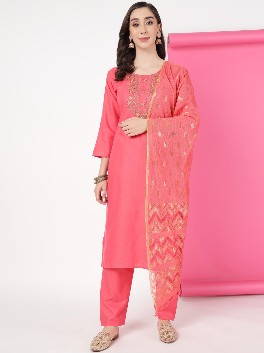 

Ziva Fashion Yoke Design Thread Work Regular Kurta With Trousers & Dupatta, Pink