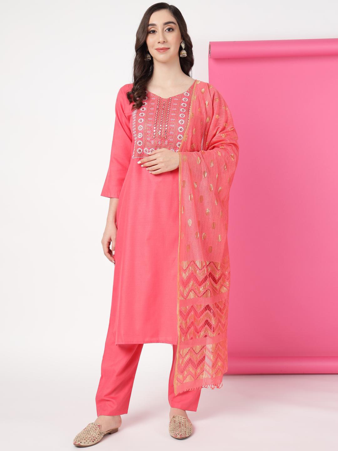 

Ziva Fashion Yoke Design V-Neck Thread Work Kurta With Trousers & Dupatta, Pink