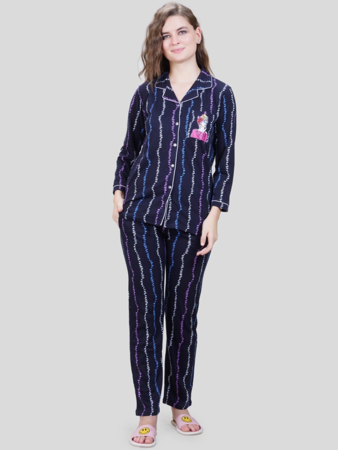 

She N She Abstract Printed Cuban Collar Front Open Night Suit, Navy blue