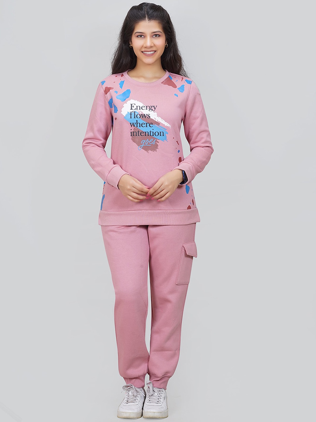 

She N She Printed Warm Fleece Sweatshirt With Joggers Co-Ords, Pink