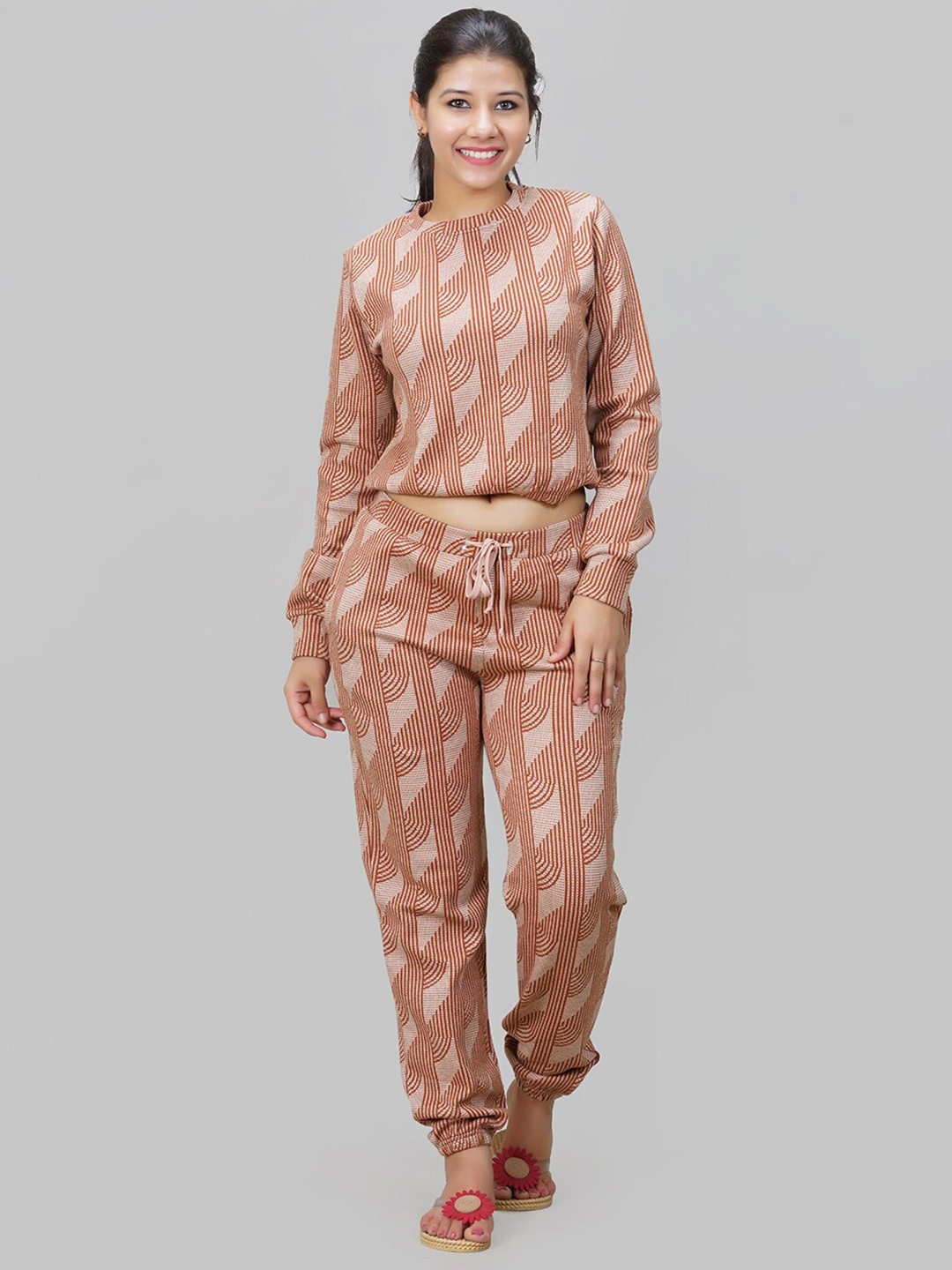 

She N She Premium Jacquard Sweatshirt With Joggers Co-Ords, Rust