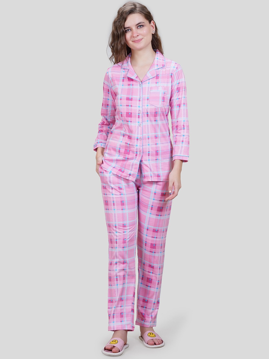 

She N She Checked Hosiery Pyjama Set, Pink