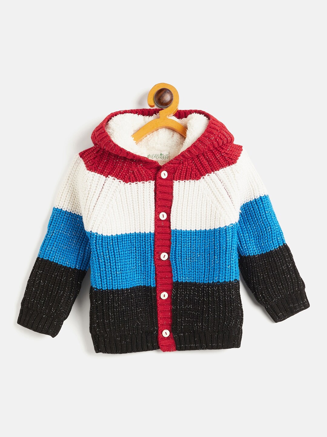 

Wildlinggs Kids Colourblocked Long Sleeves Pure Cotton Fur Hood Cardigan Sweater, White
