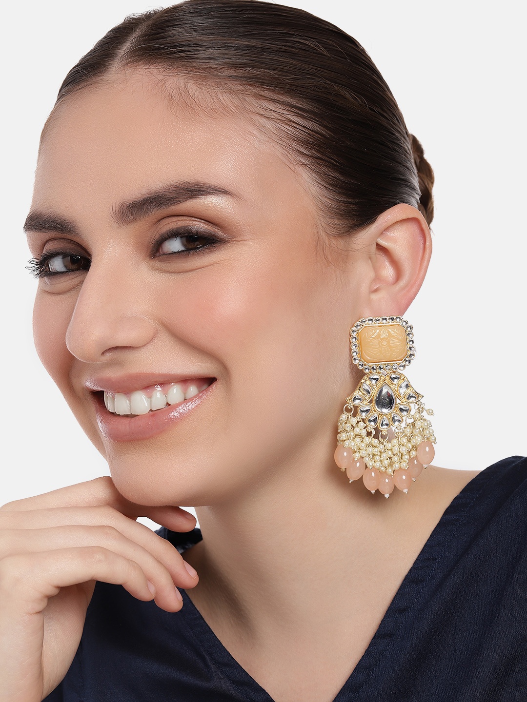 

Estele Gold-Plated Kundan-Studded & Beaded Drop Earrings