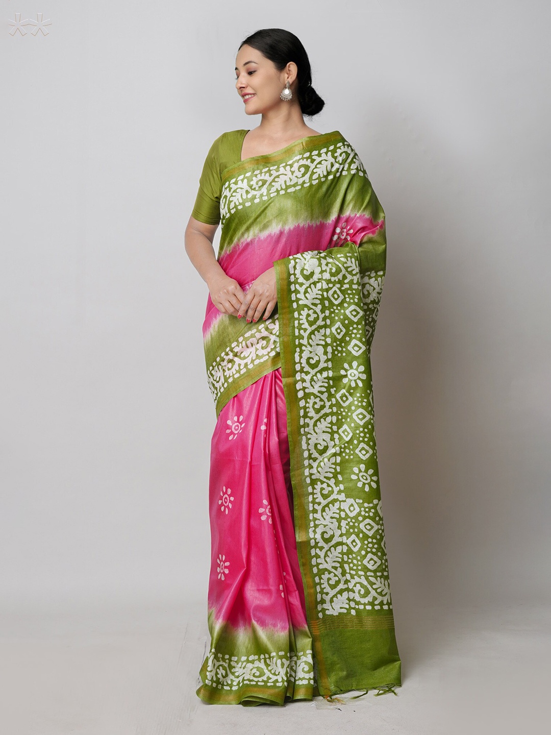 

Unnati Silks Ethnic Motifs Printed Zari Silk Cotton Chanderi Saree, Pink