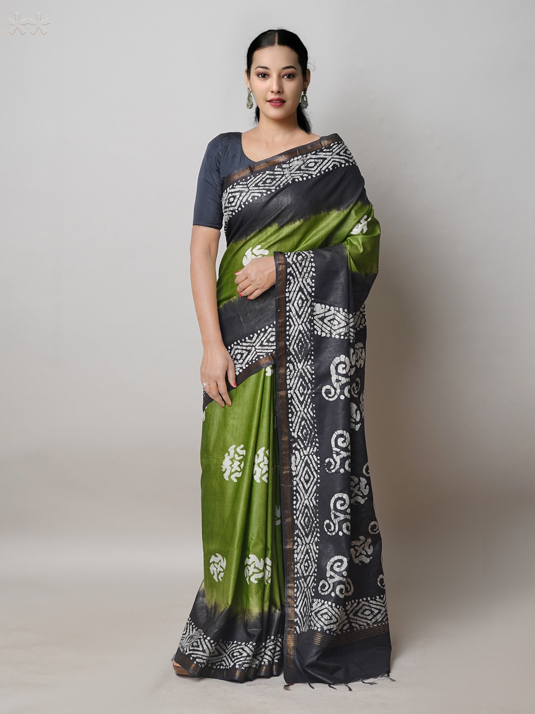 

Unnati Silks Ethnic Motifs Printed Zari Silk Cotton Chanderi Saree, Green