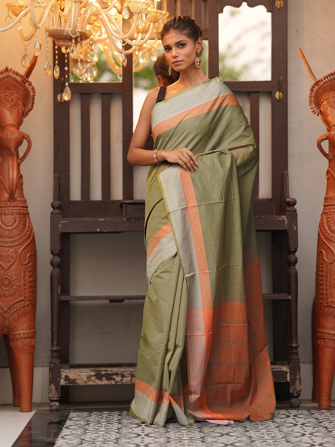 

Unnati Silks Striped Pure Cotton Mangalagiri Saree, Olive