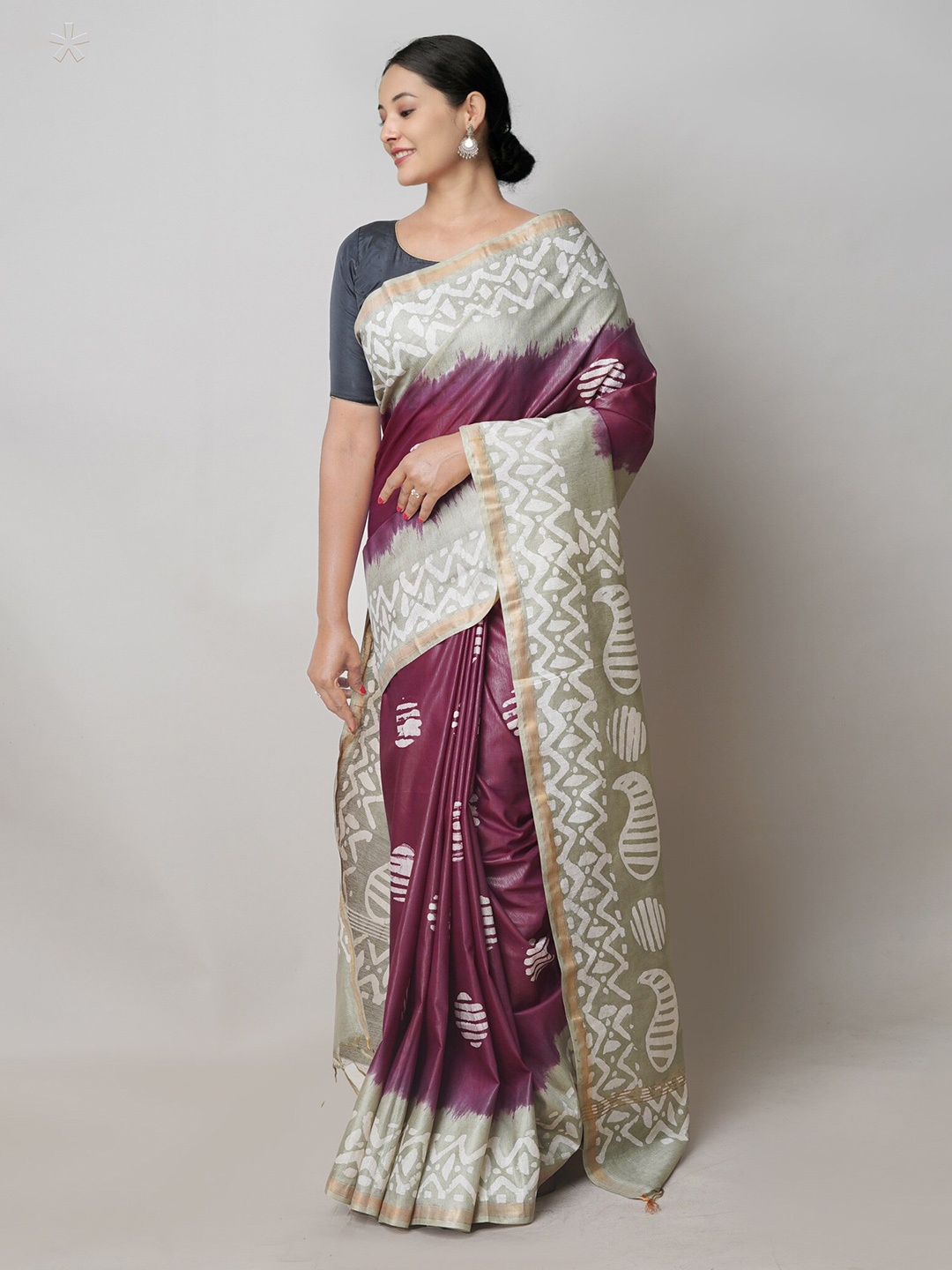 

Unnati Silks Pure Batik Printed Silk Cotton Chanderi Saree, Purple