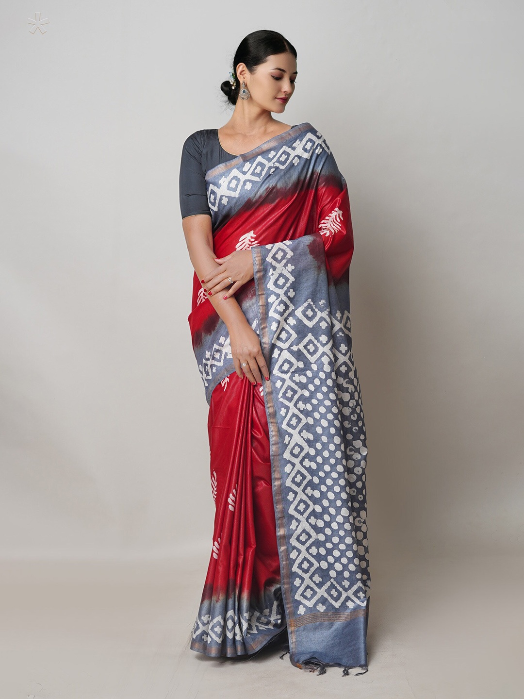 

Unnati Silks Ethnic Motifs Printed Zari Silk Cotton Chanderi Saree, Red