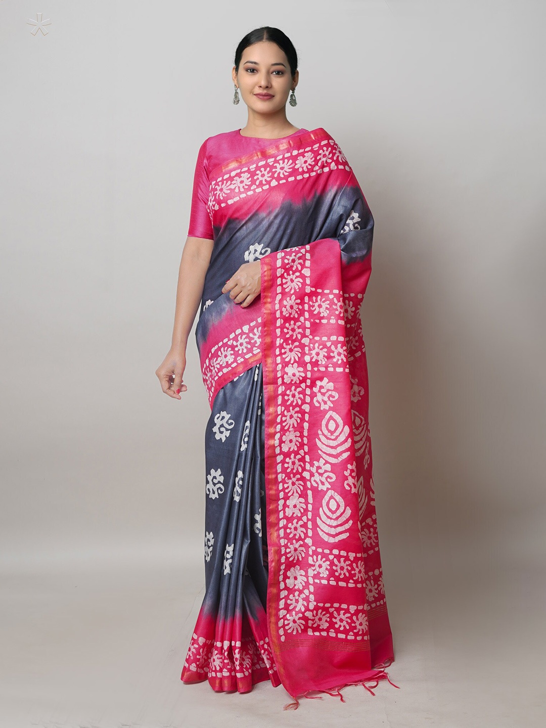 

Unnati Silks Floral Printed Silk Cotton Handloom Chanderi Saree, Grey