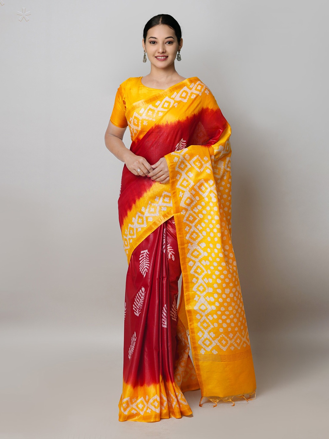 

Unnati Silks Ethnic Motifs Printed Zari Silk Cotton Chanderi Saree, Red