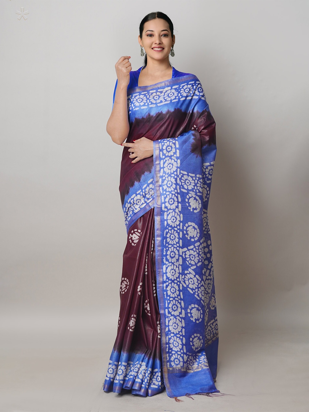 

Unnati Silks Ethnic Motifs Printed Zari Silk Cotton Chanderi Saree, Purple
