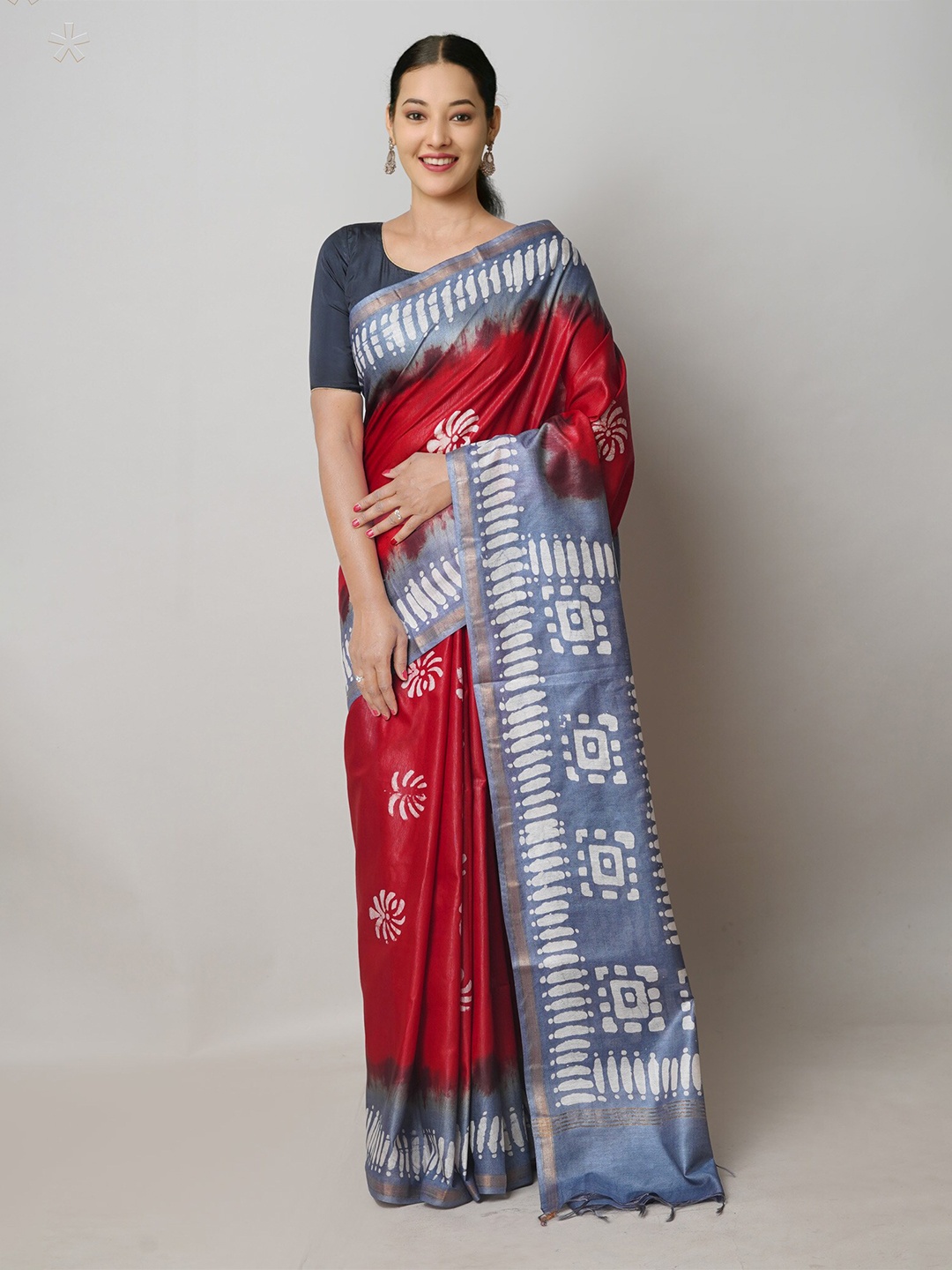 

Unnati Silks Ethnic Motifs Printed Zari Silk Cotton Chanderi Saree, Red