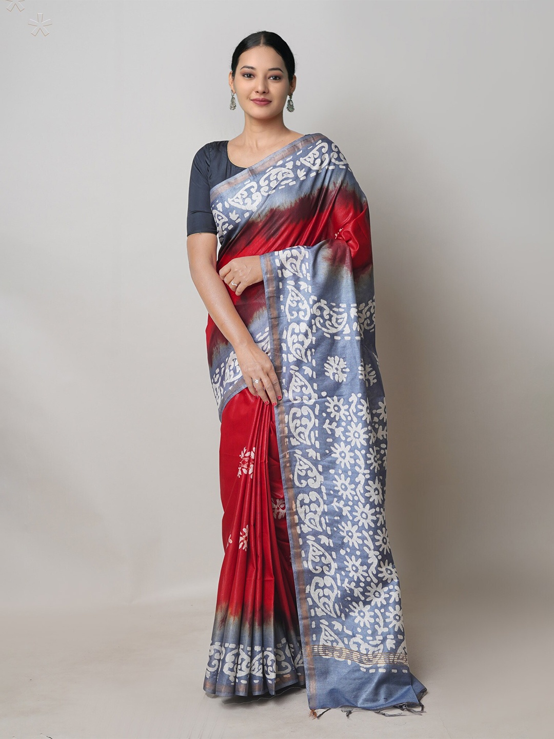 

Unnati Silks Ethnic Motifs Printed Zari Silk Cotton Chanderi Saree, Red