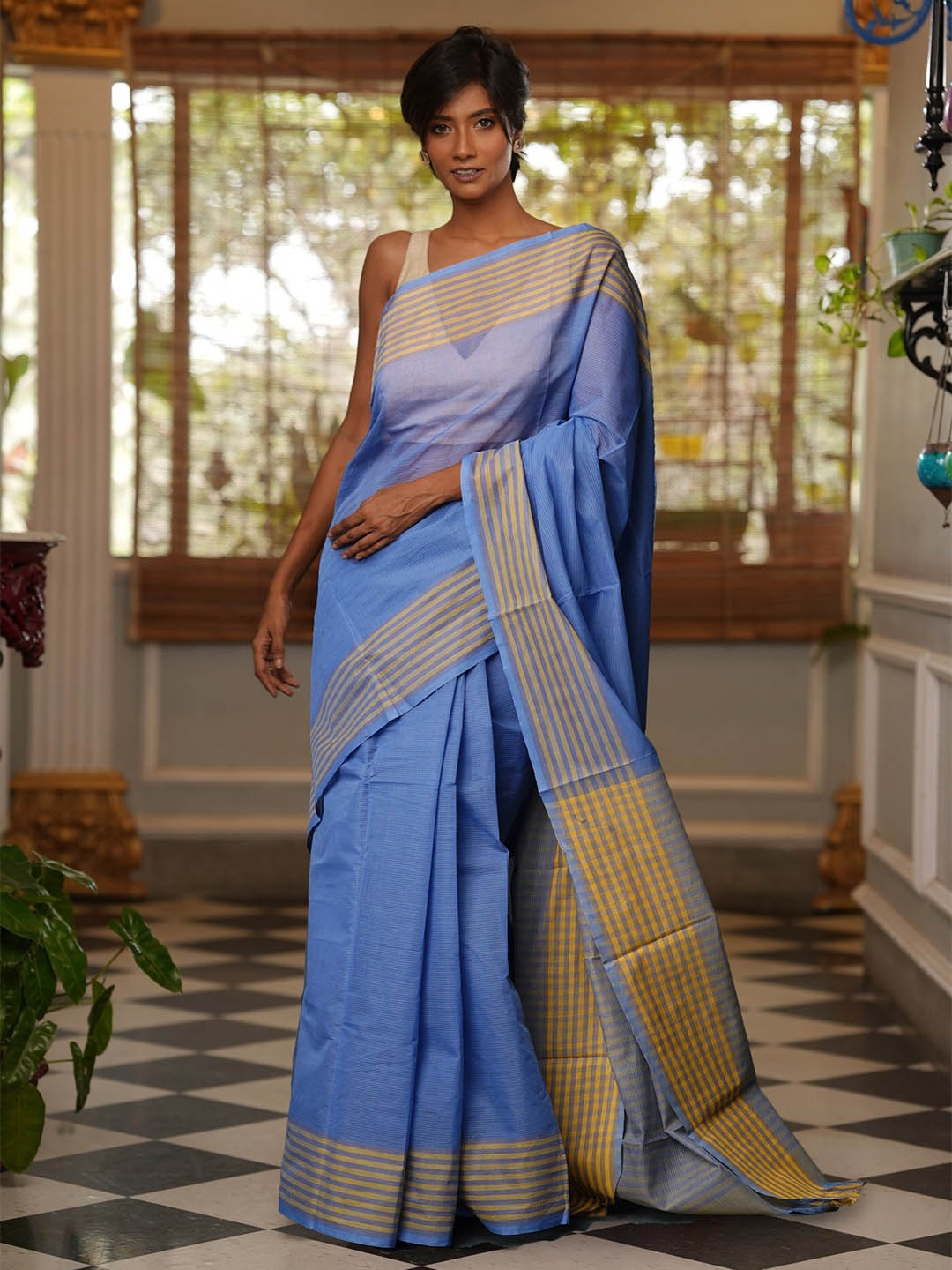 

Unnati Silks Striped Pure Cotton Handloom Mangalagiri Saree, Blue