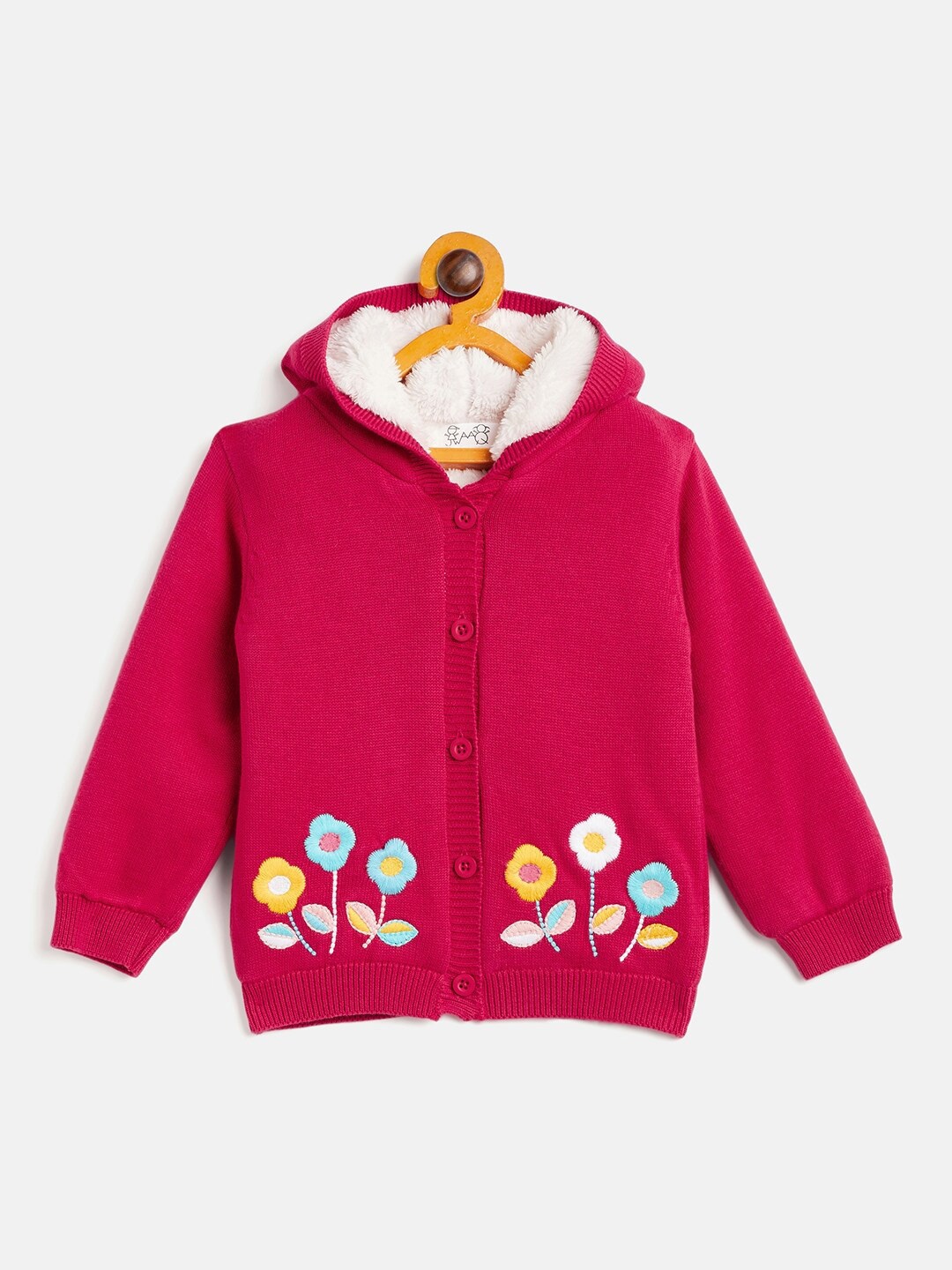 

JWAAQ Girls Floral Embroidered Hooded Long Sleeves Cotton Cardigan Sweater, Magenta