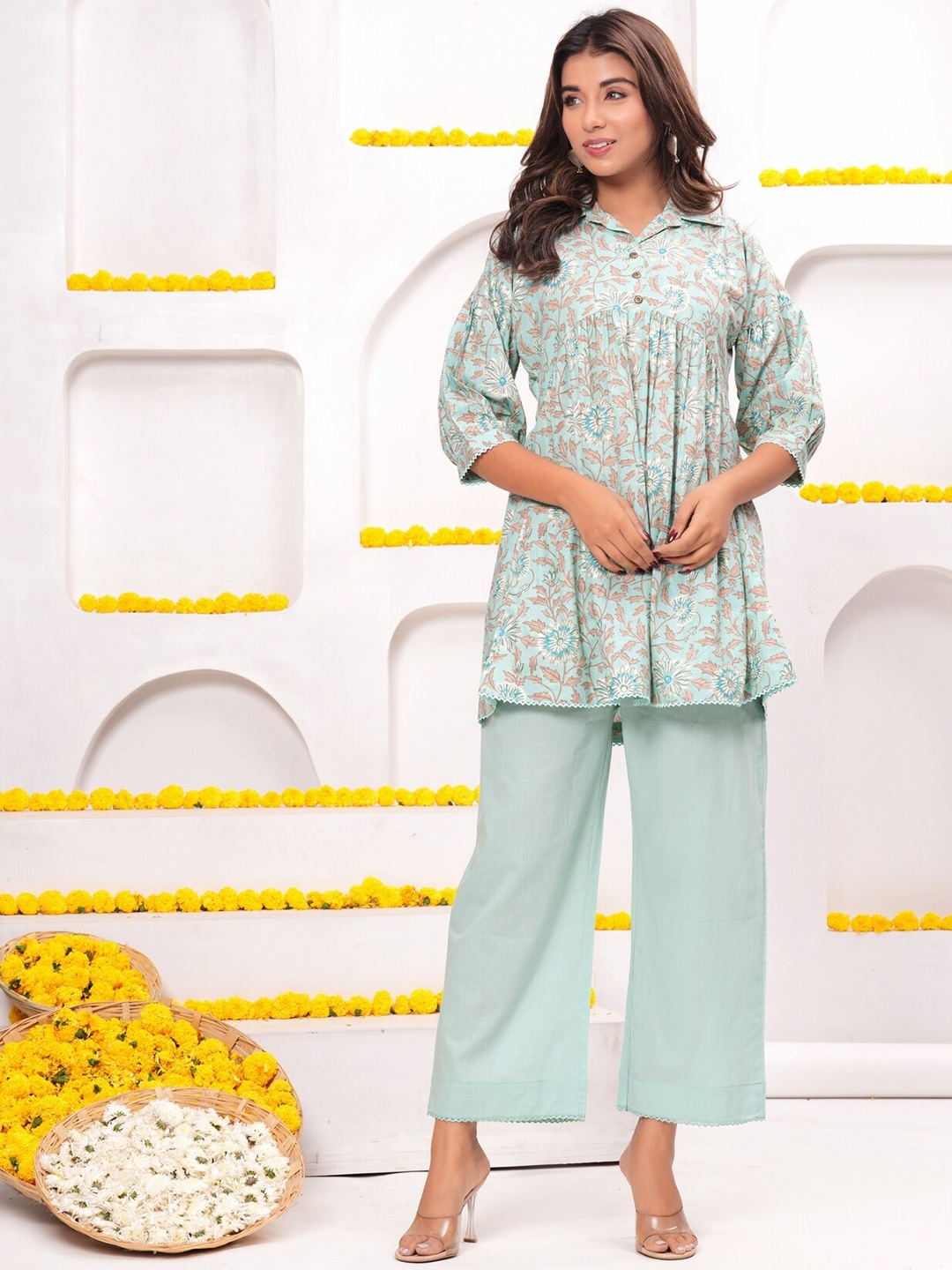 

EtnicaWear Printed Pure Cotton Top With Trousers Co-Ords Set, Blue