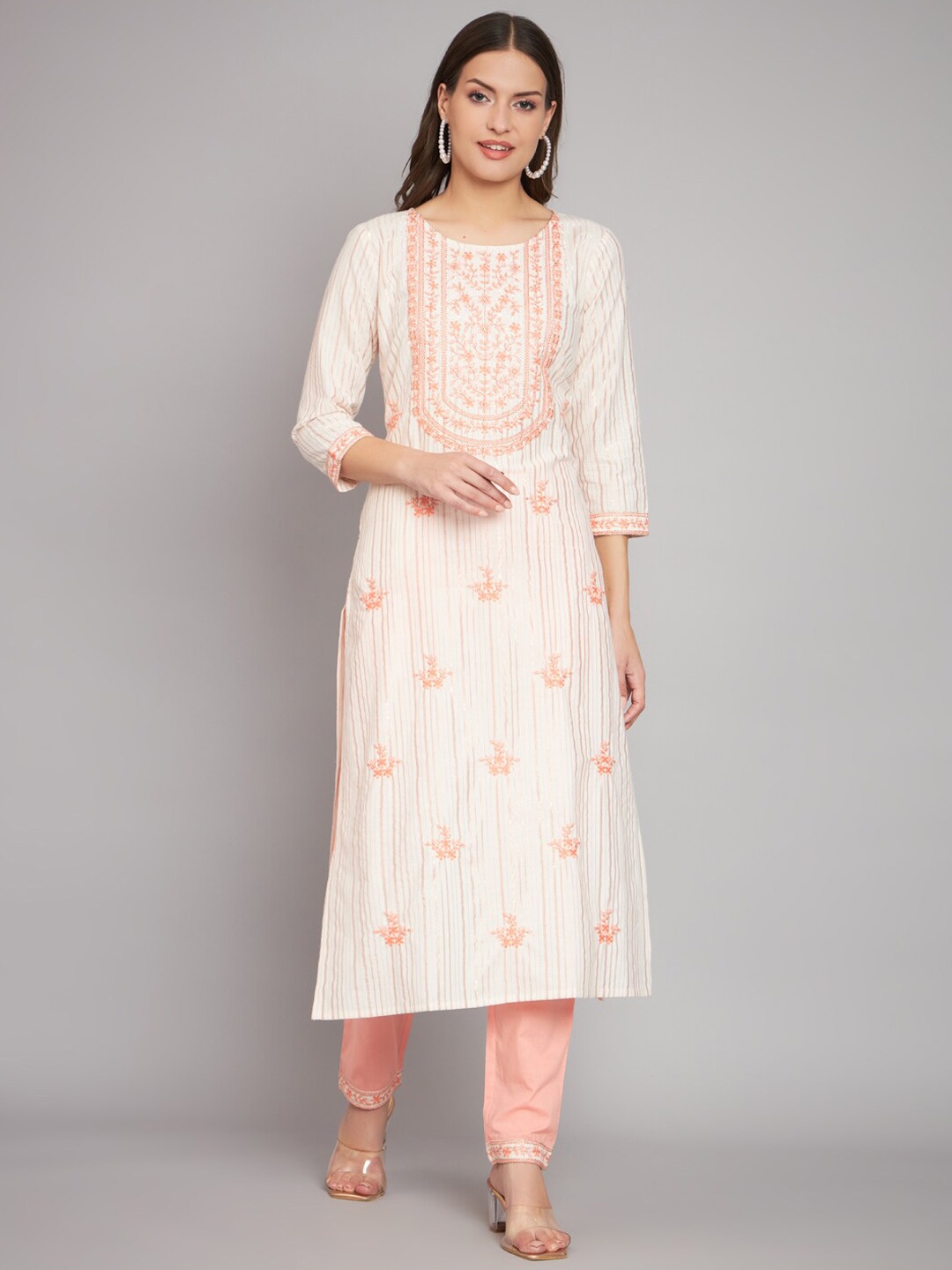 

RANGMAYEE Embroidered Pure Cotton Straight Kurta With Trousers, Peach