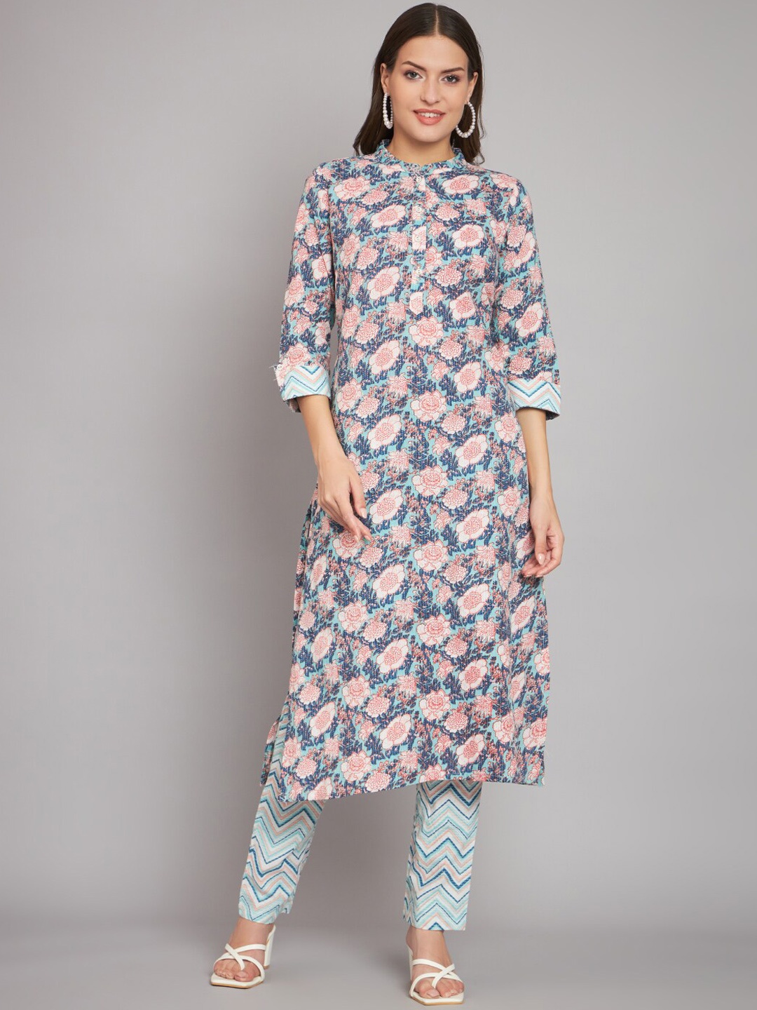 

RANGMAYEE Floral Printed Band Collar Pure Cotton Straight Kurta With Trousers, Blue