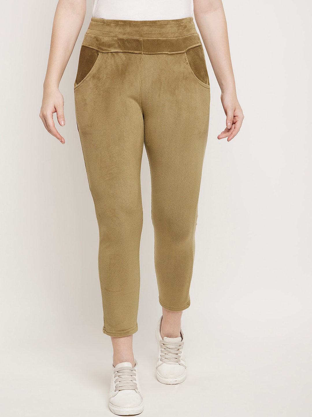 

Camey Women Relaxed Slim Fit Mid-Rise Non Iron Corduroy Cropped Trousers, Olive