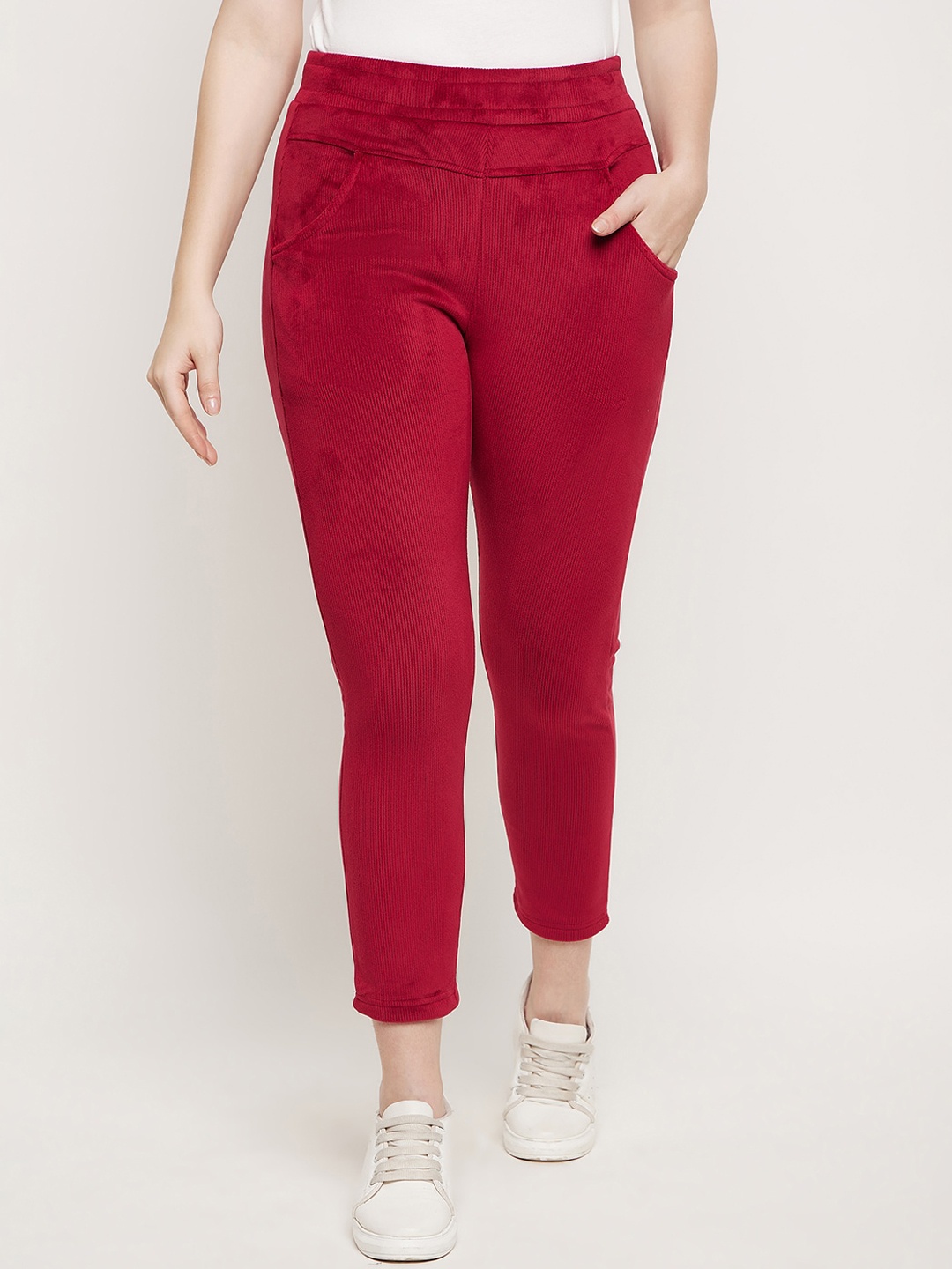 

Camey Women Relaxed Slim Fit Mid-Rise Non Iron Corduroy Cropped Trousers, Red