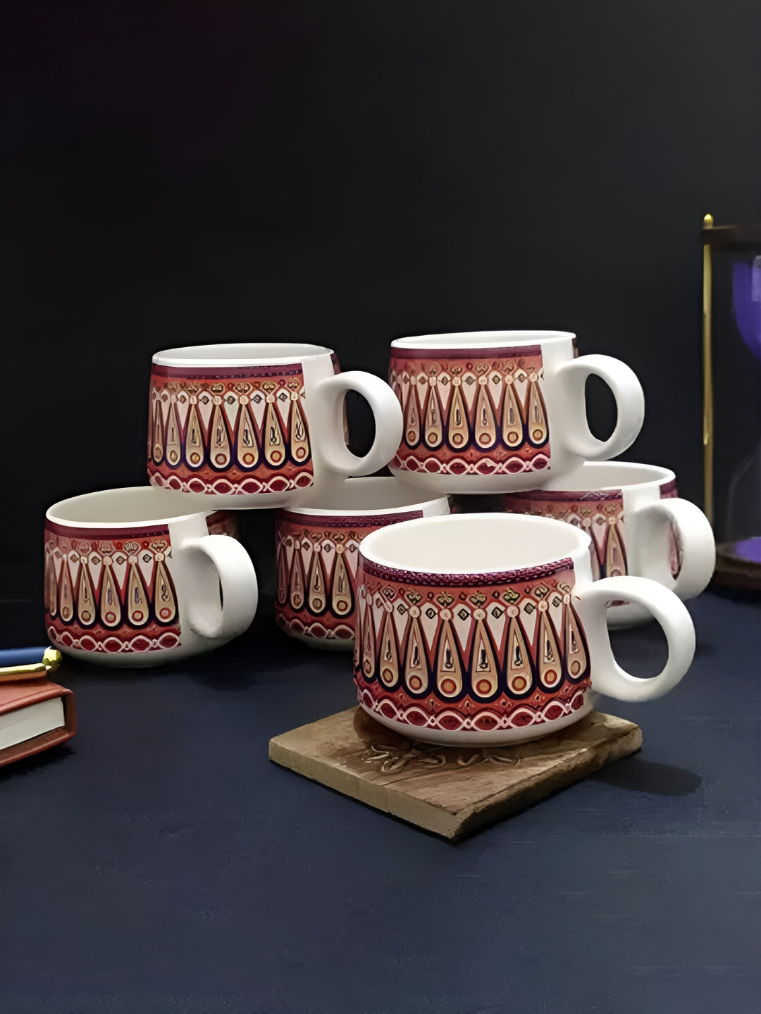 

MITHILA Handicrafts Red 6 Pieces Printed Dishwasher Safe Ceramic Glossy Cups 120 ml