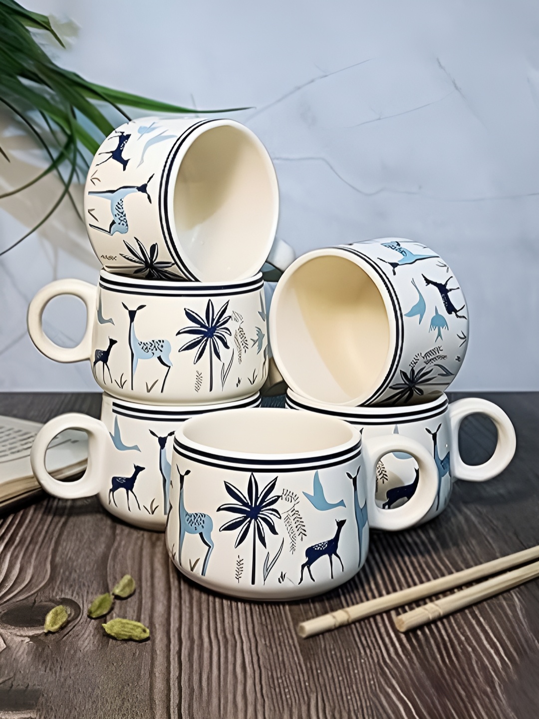 

MITHILA Handicrafts White & Blue 6 Pieces Printed Ceramic Glossy Cups 120ml