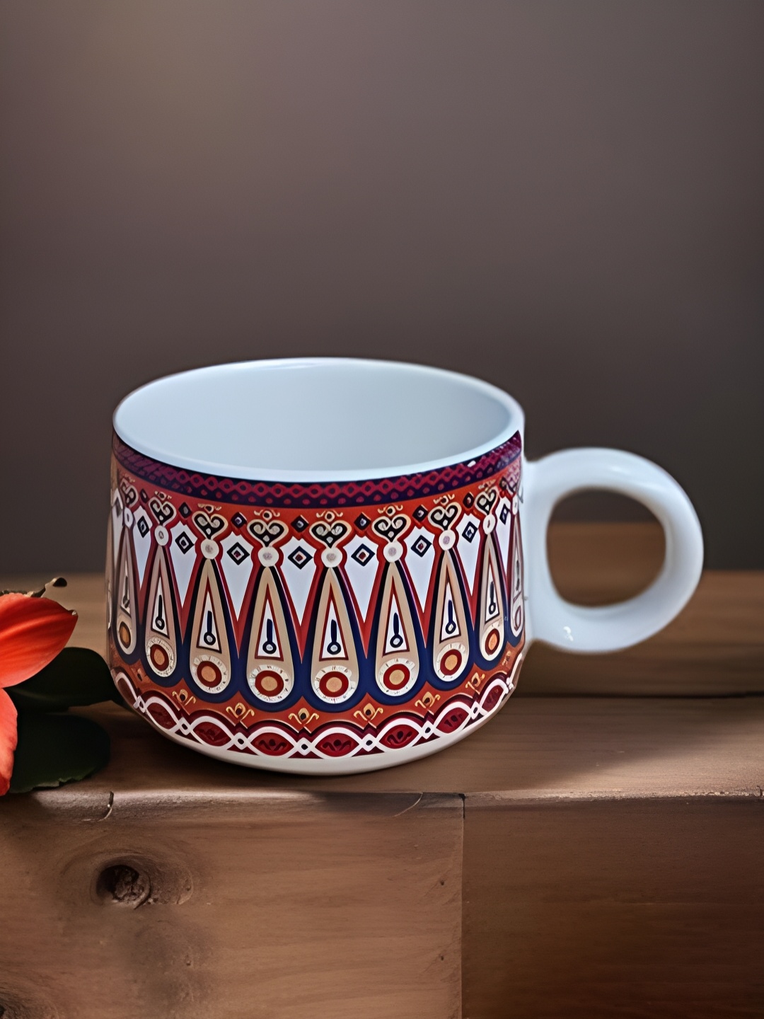 

MITHILA Handicrafts White Red 4 Pieces Printed Dishwasher Safe Ceramic Glossy Cups 120 ml