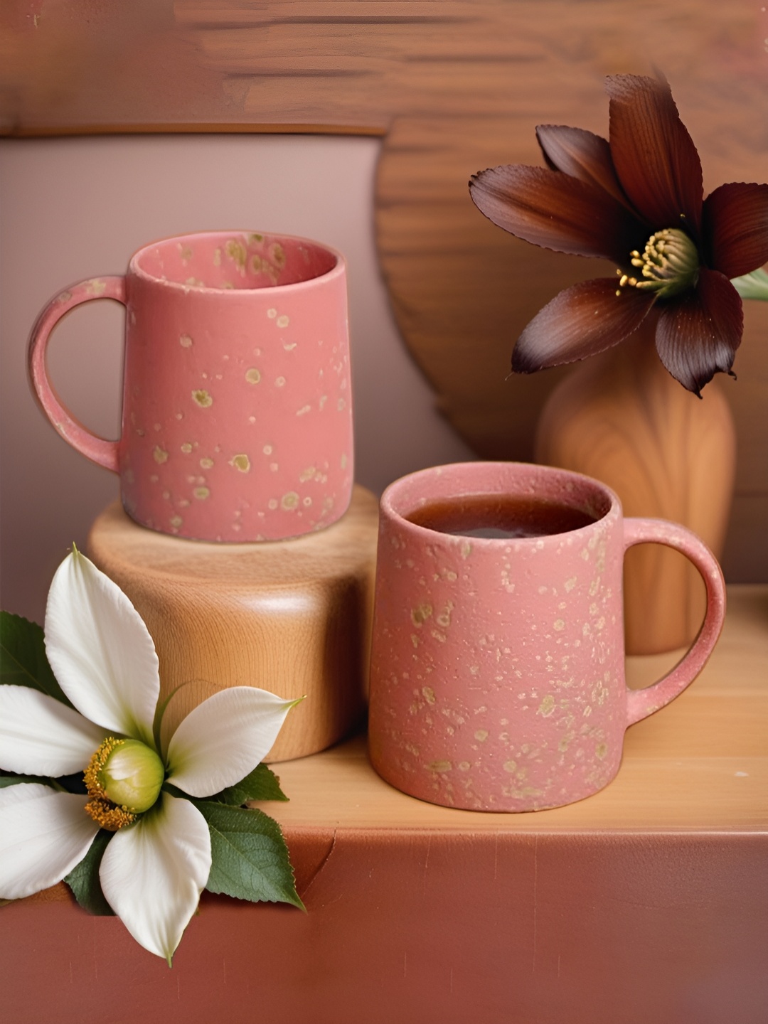 

MITHILA Handicrafts Pink 2 Pcs Printed Ceramic Matte Cups - 280 ML Each