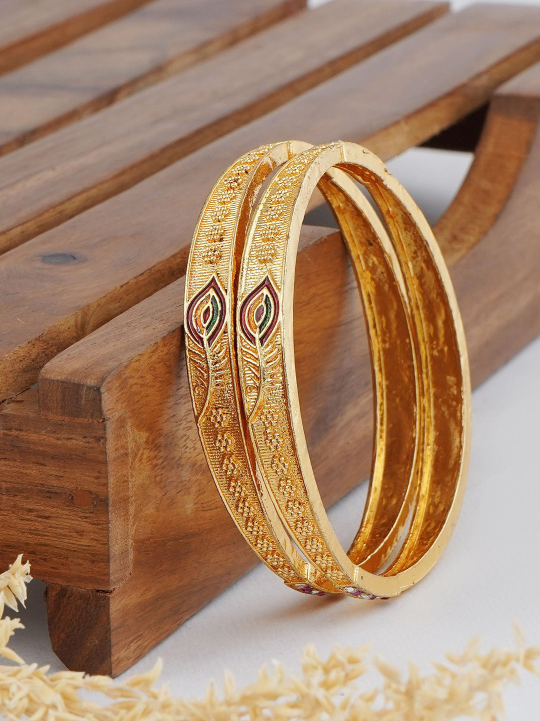 

MANSIYAORANGE Set Of 2 Gold Plated Peacock Feather Theme Bangles