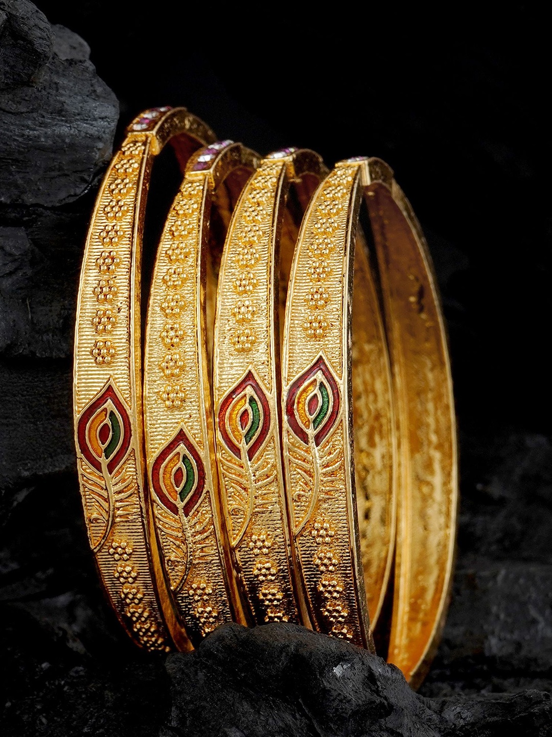 

MANSIYAORANGE Set Of 4 Gold-Plated Stones Studded & Peacock Feather Theme Detail Bangles