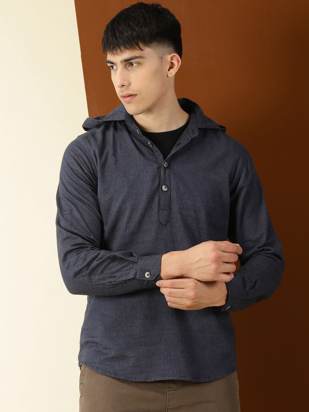 

Thomas Scott Modern Hooded Twill Opaque Pure Cotton Casual Shirt, Navy blue
