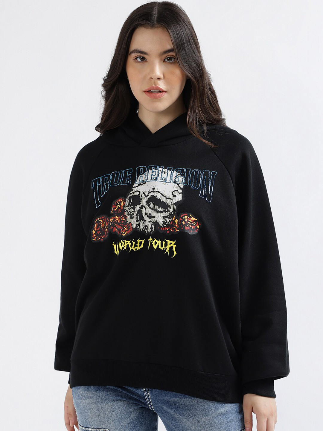 

True Religion Graphic Printed Hooded Pullover Sweatshirt, Black