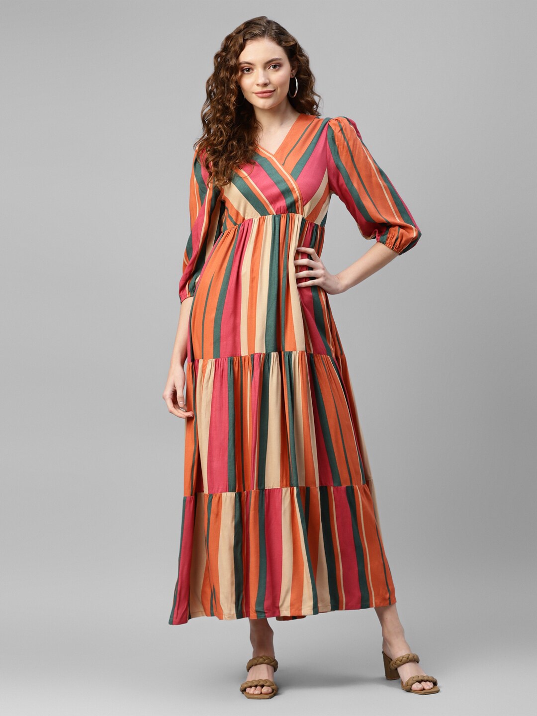

DEEBACO Stripes Print Rayon V-Neck Maxi Dress, Orange